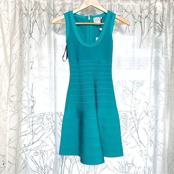 Herve Leger Teal turquoise bandage bodycon sleeveless a-line fit & flare dress - Picture 4 of 10